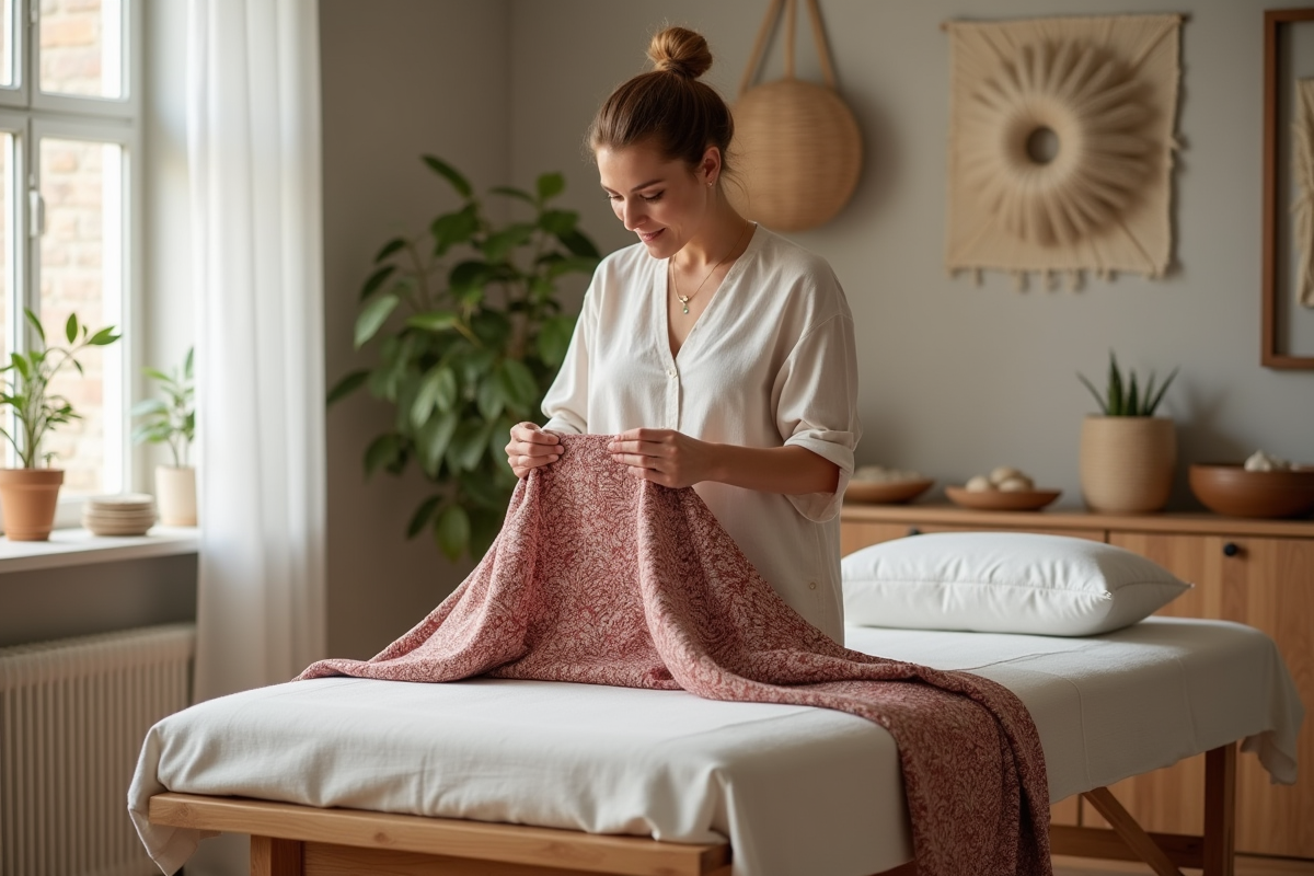 Praticienne préparant un rebozo dans un studio de bien-être