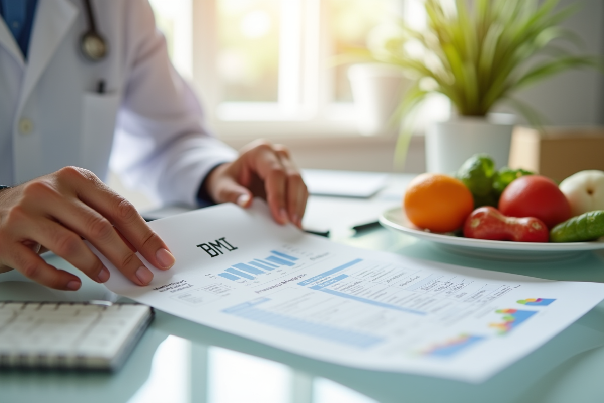 Main tenant un rapport BMI avec un repas sain sur le bureau