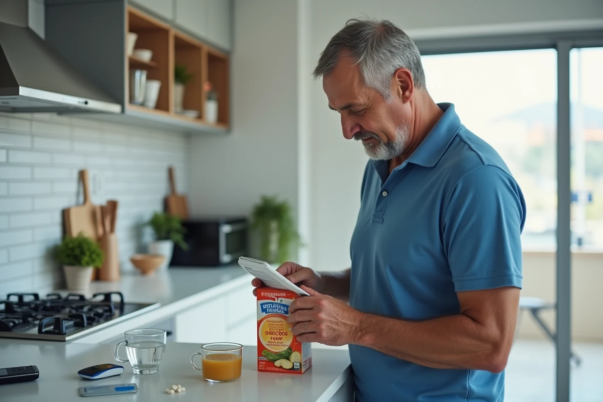 Homme diabétique préparant son régime coloscopie en vérifiant les étiquettes nutritionnelles de bouillon clair et de comprimés de glucose