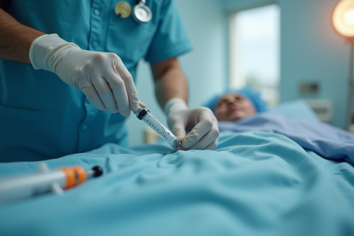 Main gantée préparant une injection au chevet du patient