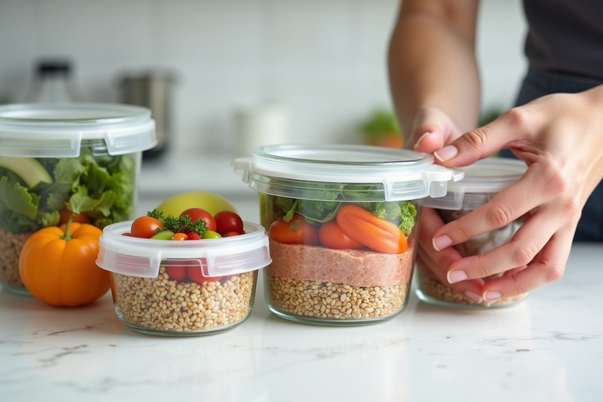 Préparation de repas équilibrés avec contenants et mains en action