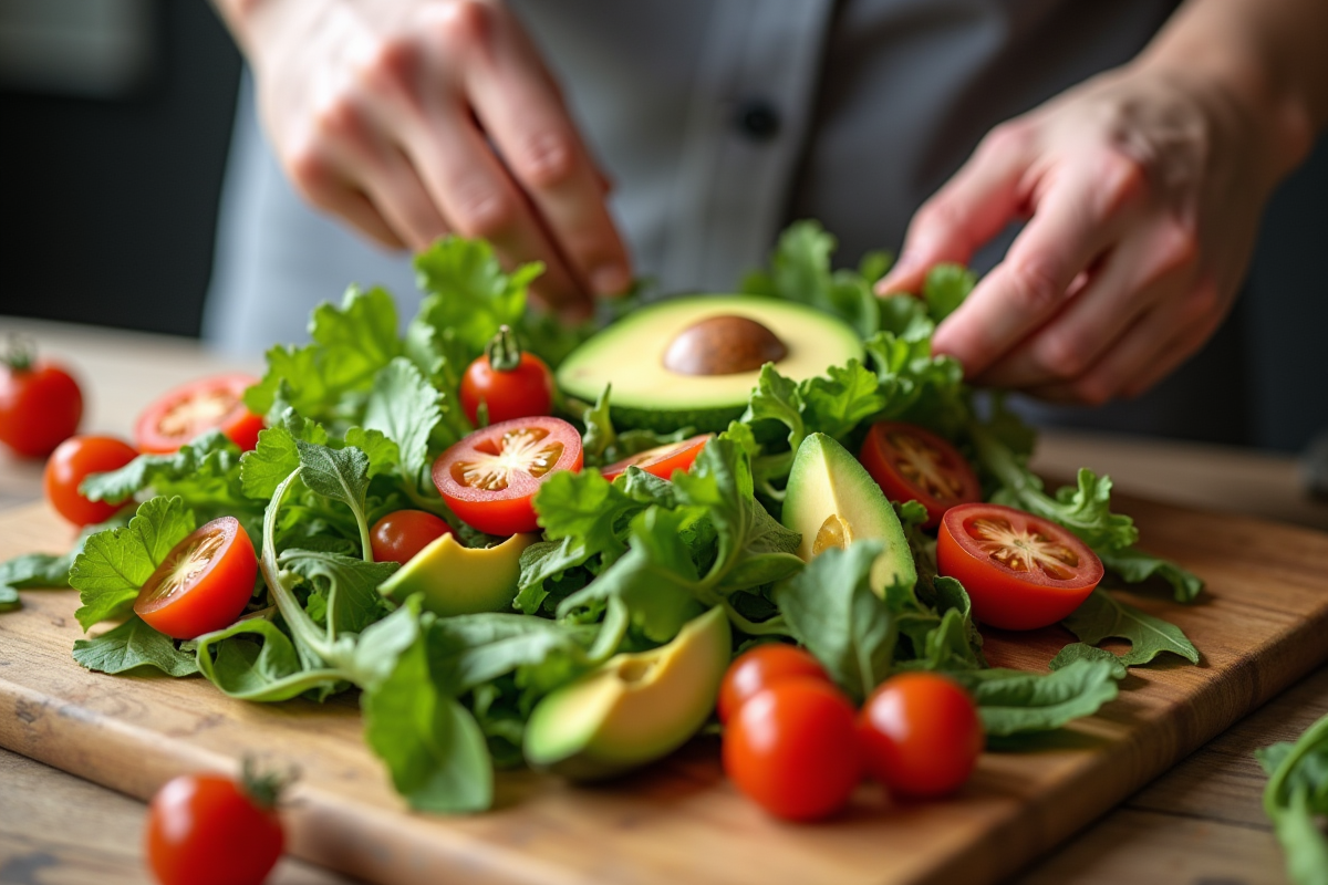 Mains préparant une salade avec légumes frais sur planche en bois