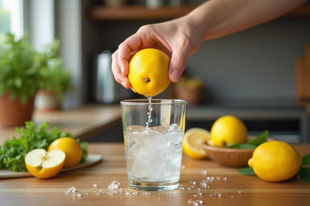 Main pressant un citron dans un verre d