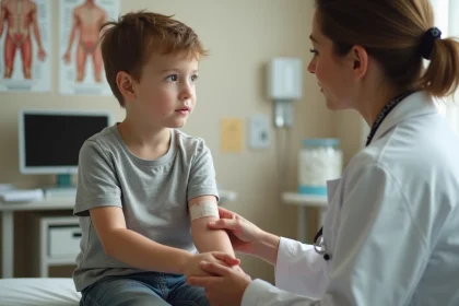 Enfant de 8 ans après une prise de sang en cabinet pédiatrique, avec un pansement au pli du coude, rassuré par une pédiatre en blouse blanche