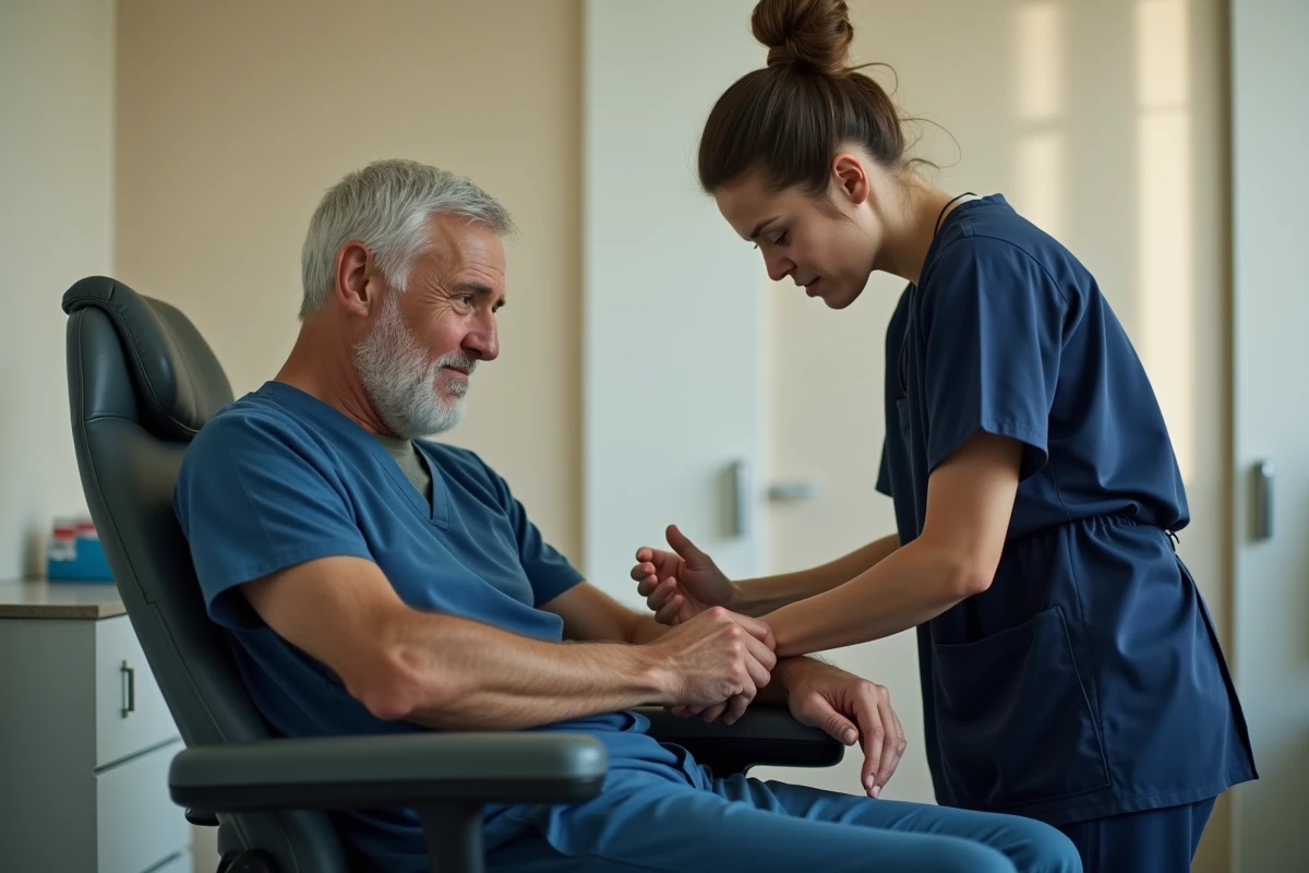 Patient en prise de sang avec infirmière pour surveiller les fluctuations des transaminases SGOT
