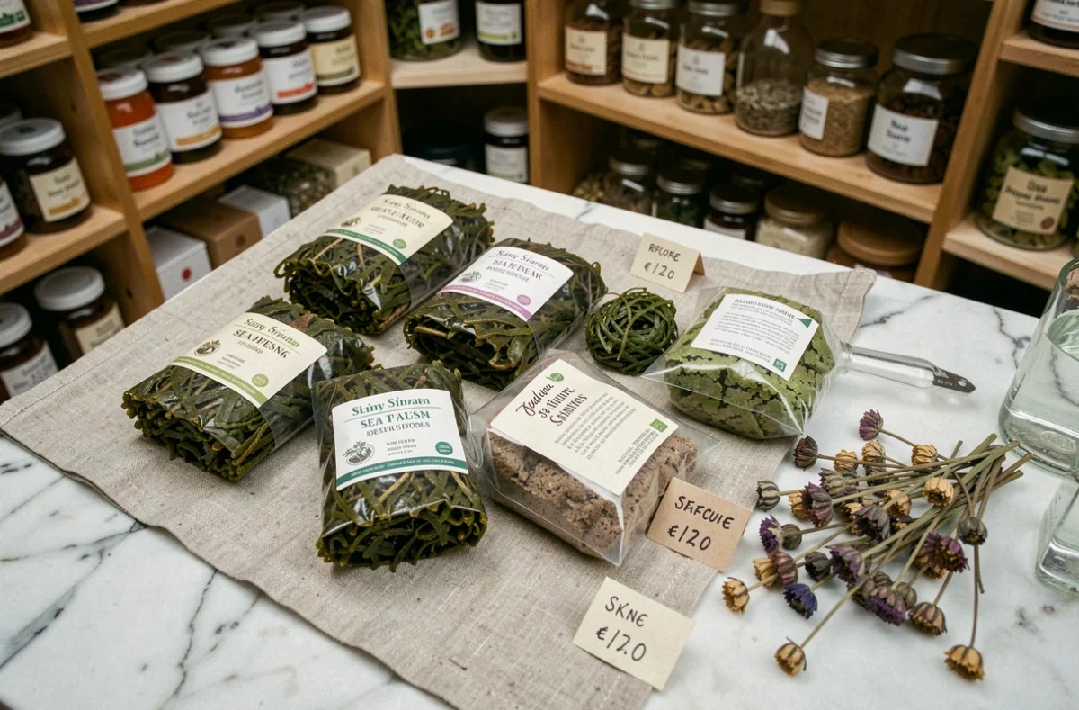 Assortiment de produits de mousse de mer séchée avec étiquettes de prix en euros dans une boutique bio française