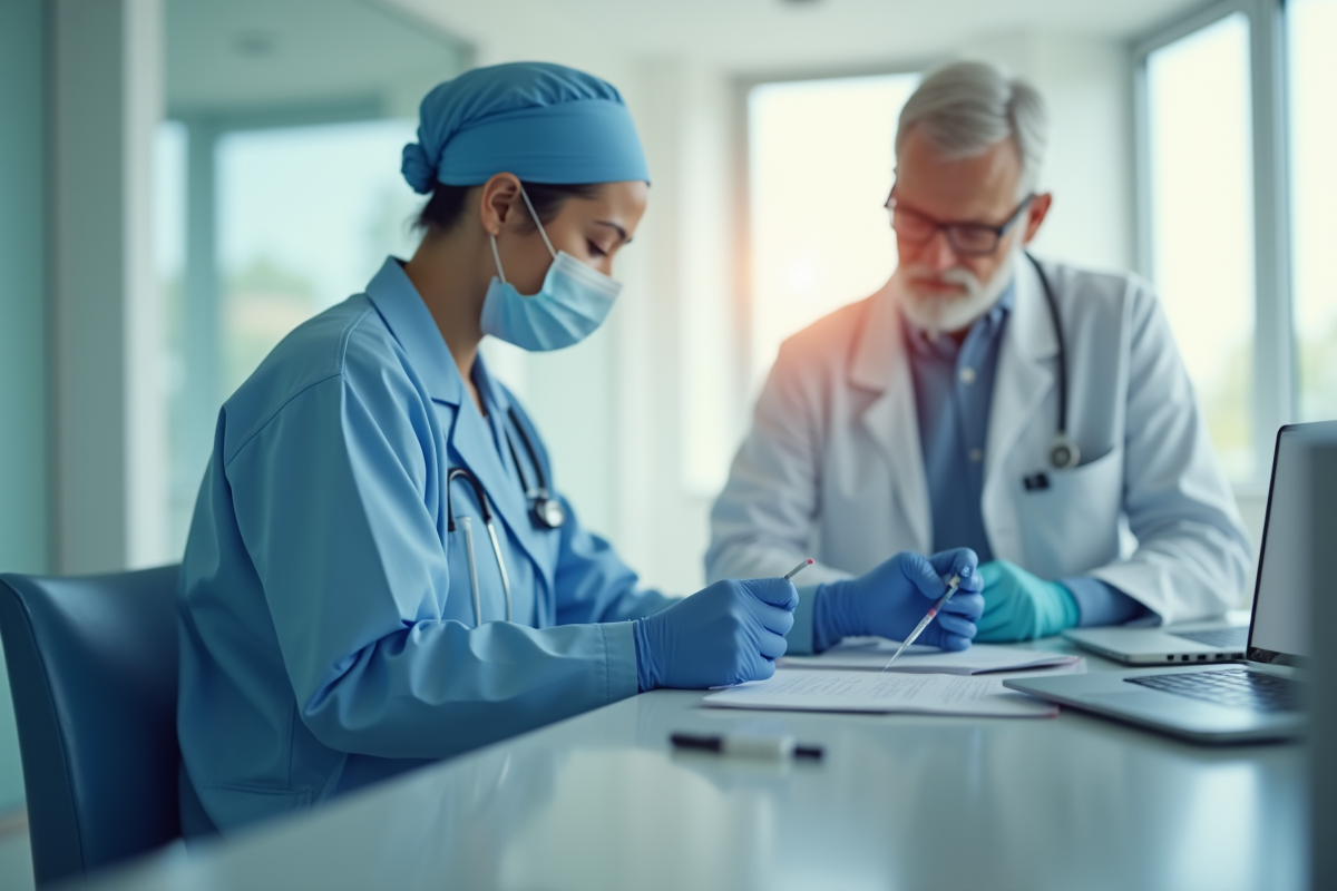 Professionnel de santé préparant une injection dans une clinique lumineuse