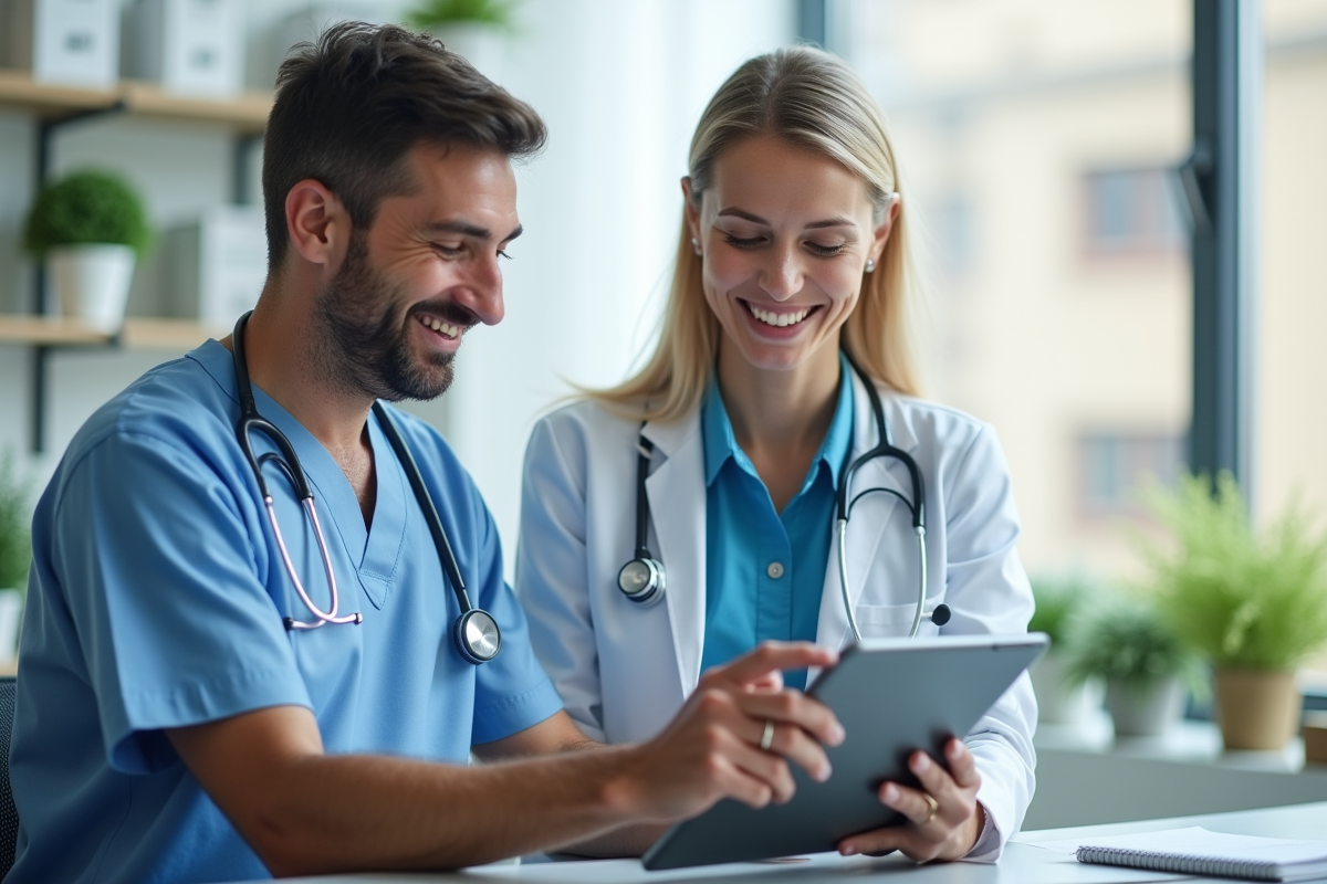 Professionnel de santé guidant un patient avec une tablette