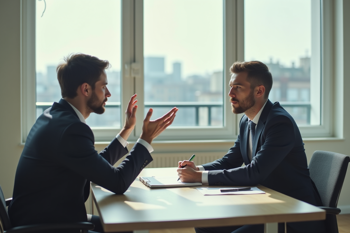 Deux personnes dans un bureau moderne en pleine discussion