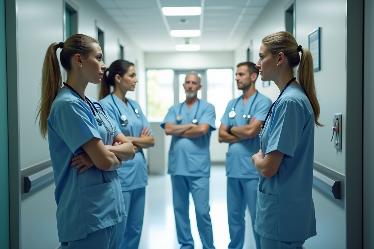 Groupe de professionnels de santé dans un couloir d'hôpital lumineux
