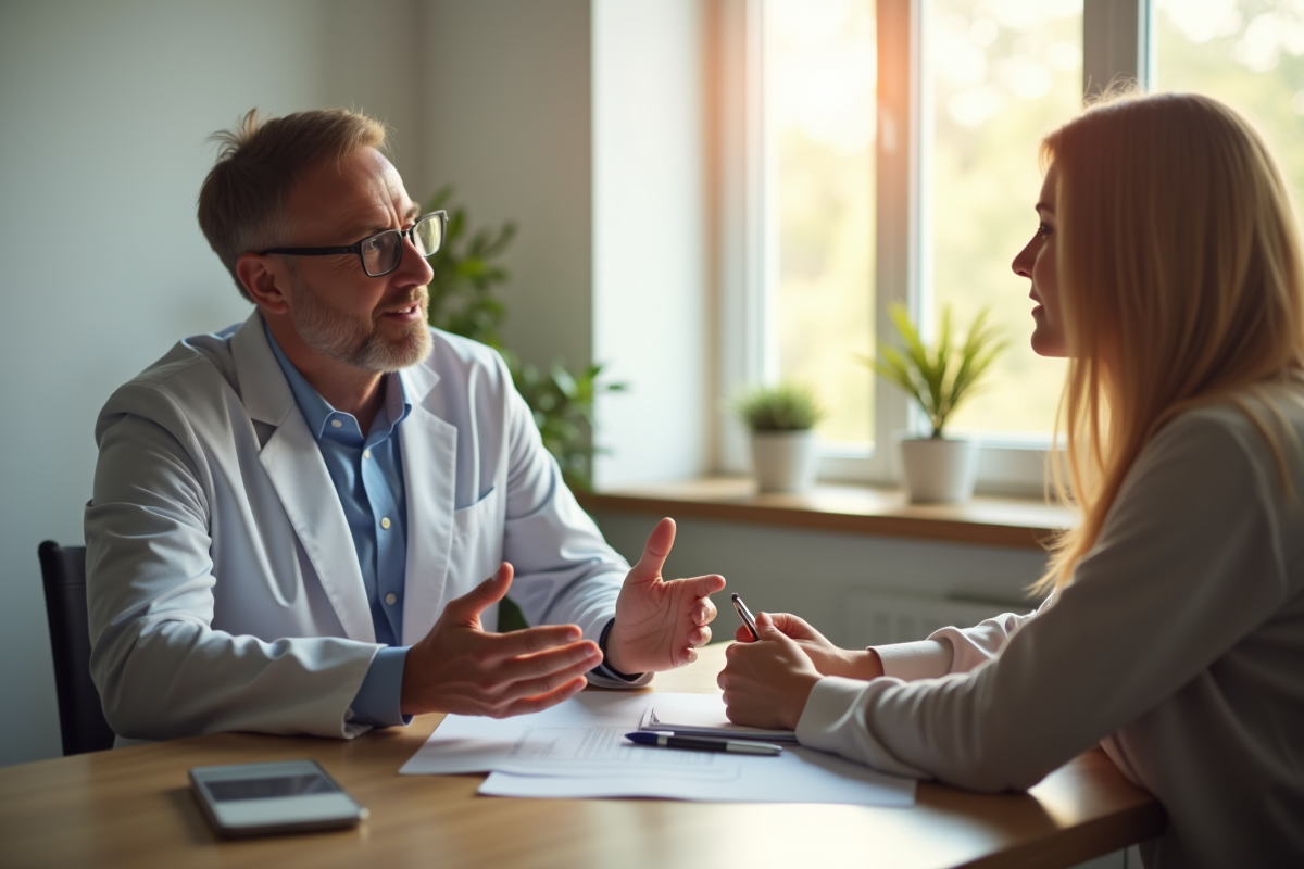 Conversation rassurante entre psychologue et client dans un bureau lumineux