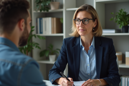 Psychologue femme écoute un jeune adulte dans un bureau moderne