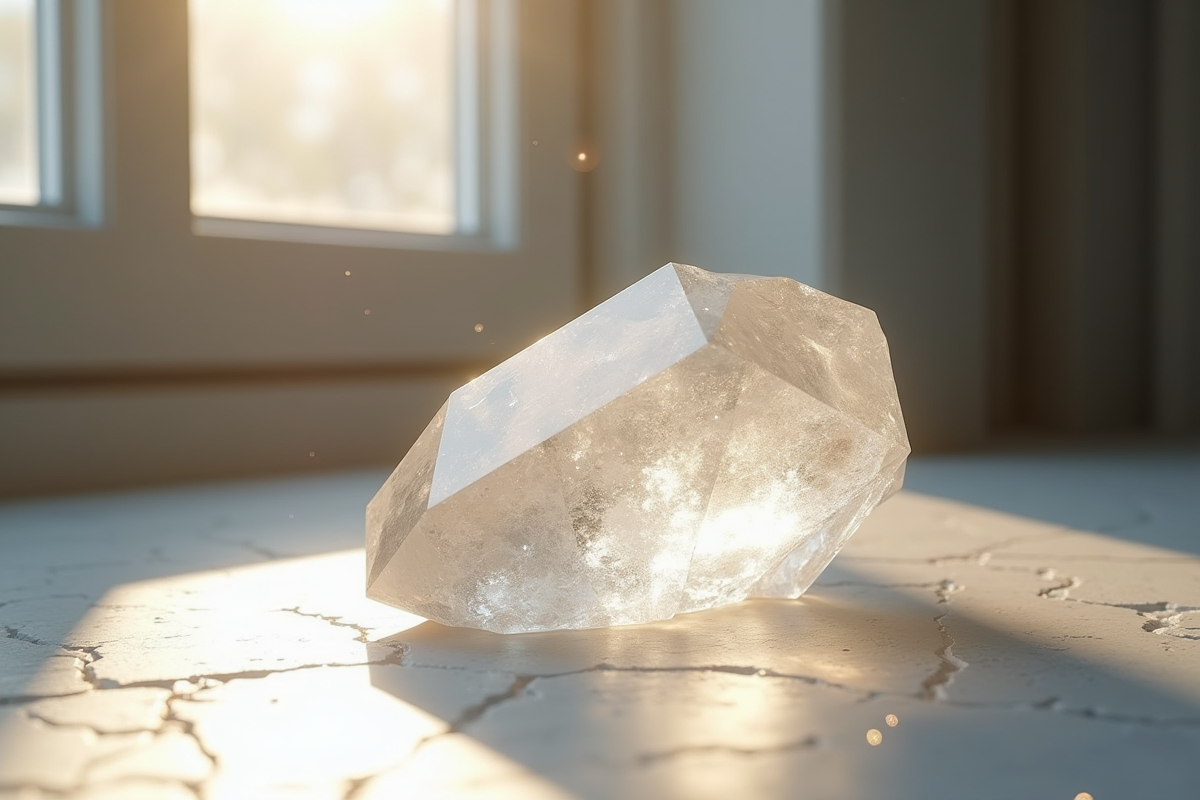 Grand cristal de quartz facete lumineux sur fond blanc