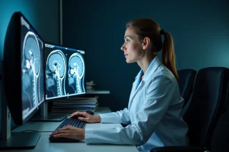 Radiologue féminine examinant des taches blanches sur une IRM cérébrale dans une salle de lecture radiologique