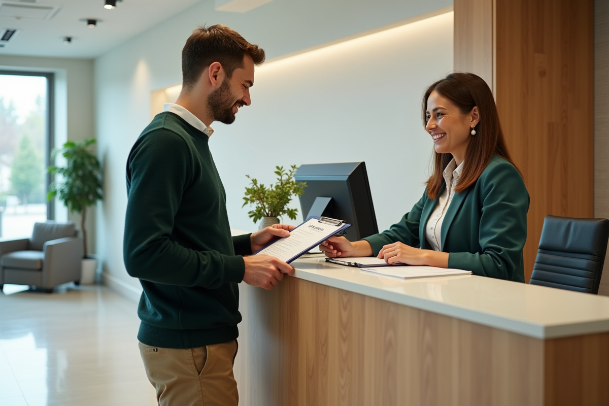 Jeune homme remplissant un formulaire à la réception