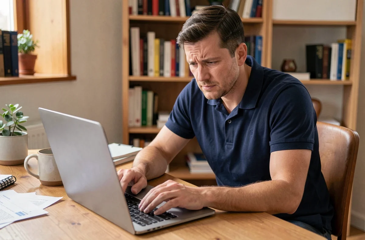 Homme inquiet faisant des recherches sur internet à propos d'une boule dans l'aine avant de consulter un médecin depuis son bureau à domicile