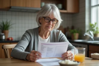 Femme âgée diabétique consultant un régime préparatoire à la coloscopie avec un repas adapté sur une table en bois