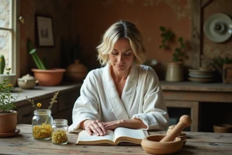 Femme lisant un carnet de remèdes de grand-mère avec des plantes médicinales sur une table en bois rustique