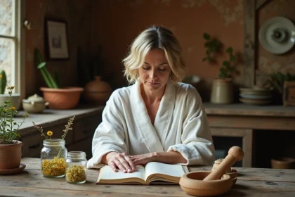 Femme lisant un carnet de remèdes de grand-mère avec des plantes médicinales sur une table en bois rustique