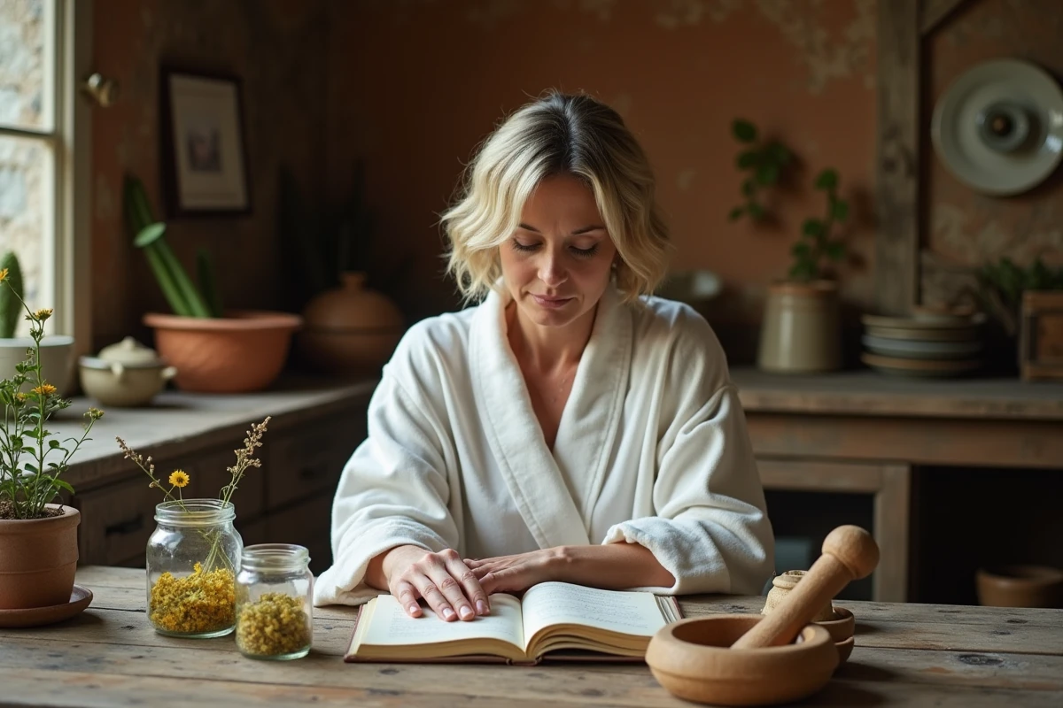 Femme lisant un carnet de remèdes de grand-mère avec des plantes médicinales sur une table en bois rustique