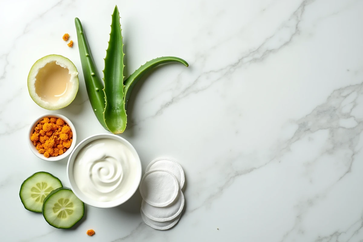 Composition de remèdes naturels contre les démangeaisons intimes avec aloe vera, yaourt et fleurs de calendula sur marbre blanc