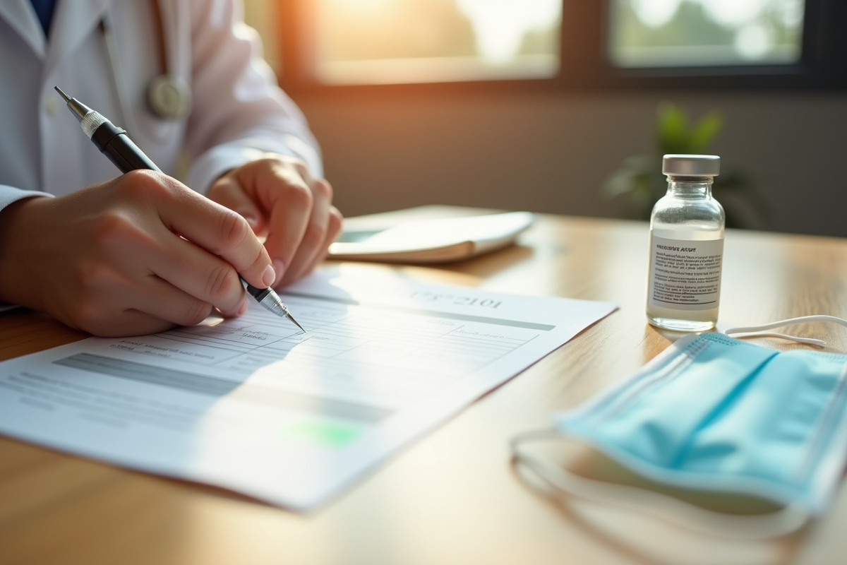 Mains remplissant un formulaire de vaccination sur une table en bois