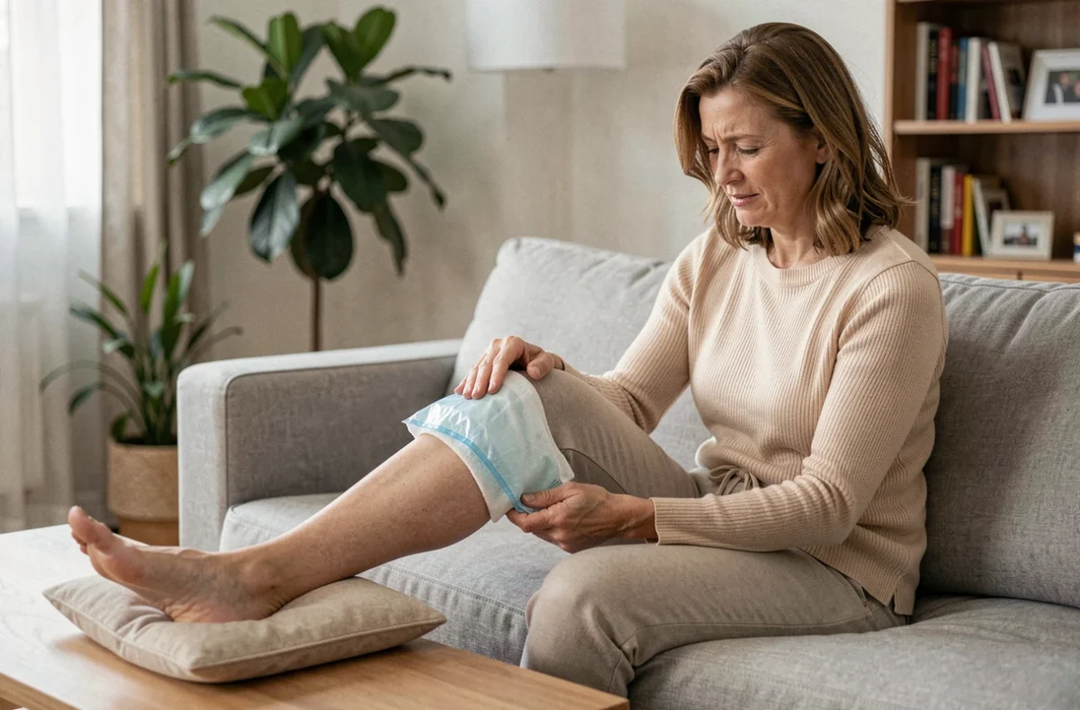 Femme appliquant une compresse froide sur son genou douloureux pour soulager une tendinopathie de la patte d'oie