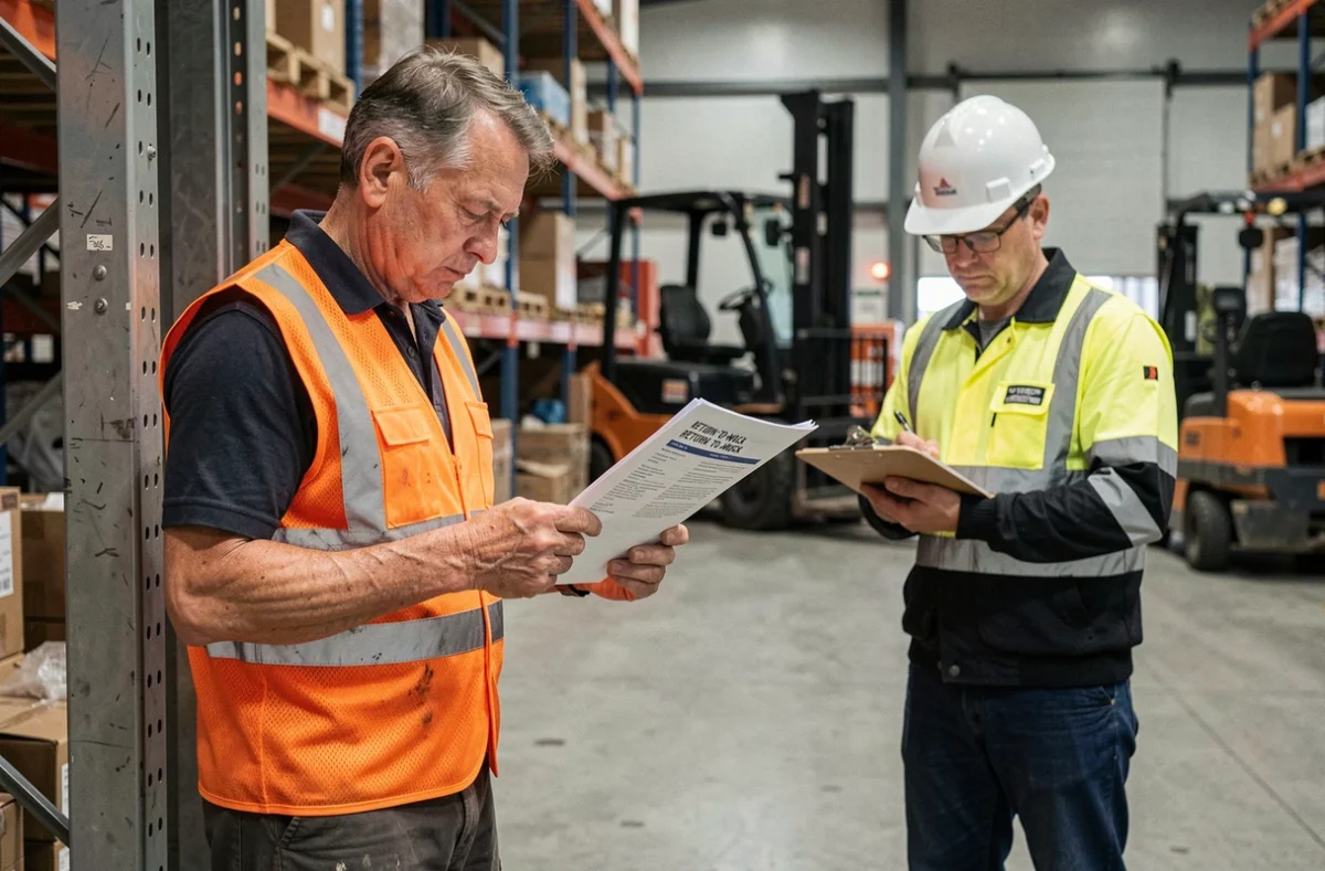 Ouvrier en gilet haute visibilité consultant un document de reprise après accident du travail à l'entrée d'un entrepôt industriel