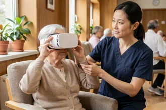Une résidente âgée en EHPAD essayant un casque de réalité virtuelle thérapeutique avec l'aide d'une soignante