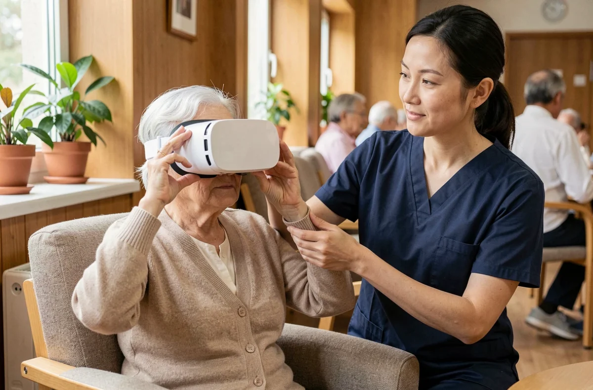 Une résidente âgée en EHPAD essayant un casque de réalité virtuelle thérapeutique avec l'aide d'une soignante