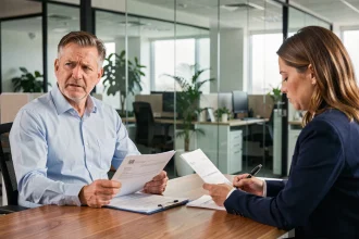 Salarié en entretien avec un responsable RH discutant d'un retour au travail après un accident du travail