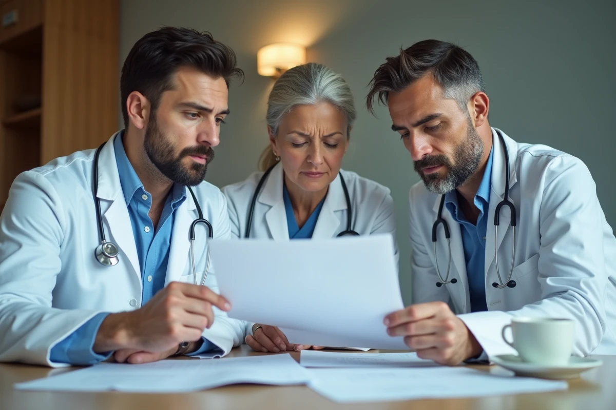 Groupe de médecins hospitaliers discutant des implications de la loi Rist sur les conditions de travail dans un hôpital public