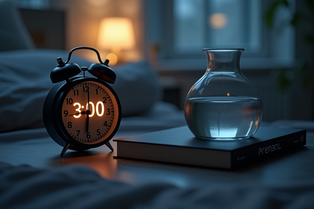 Réveil à 3h du matin avec eau et livre de grossesse sur la table de nuit