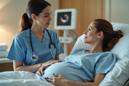 Sage-femme expliquant la procédure de rupture artificielle de la poche des eaux à une femme enceinte en salle de naissance