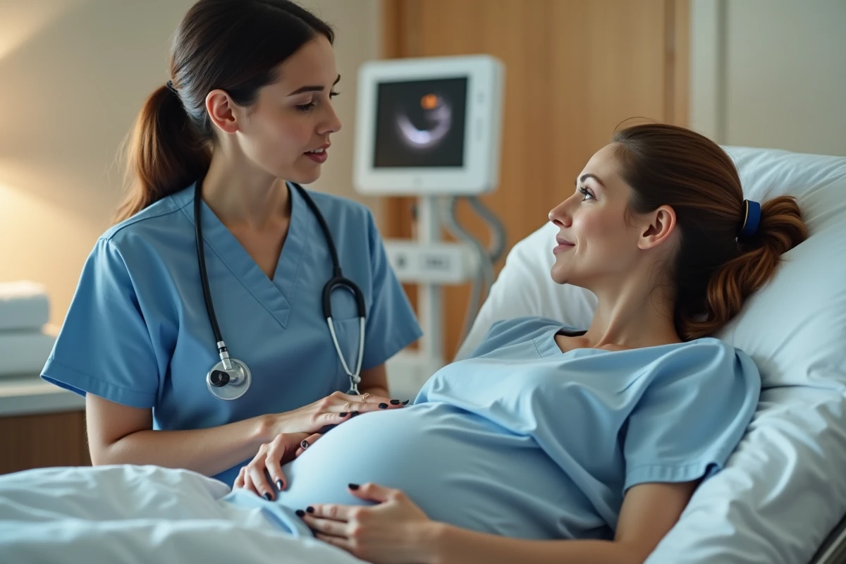 Sage-femme expliquant la procédure de rupture artificielle de la poche des eaux à une femme enceinte en salle de naissance