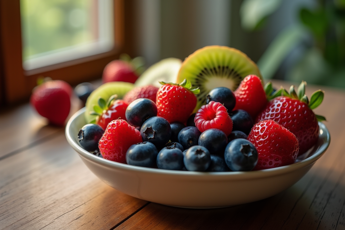 Bol de fruits rouges et kiwi sur table en bois au crépuscule