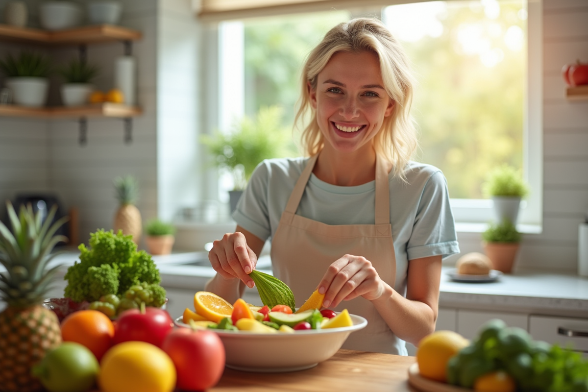 Femme souriante préparant une salade de fruits fraîche dans une cuisine lumineuse