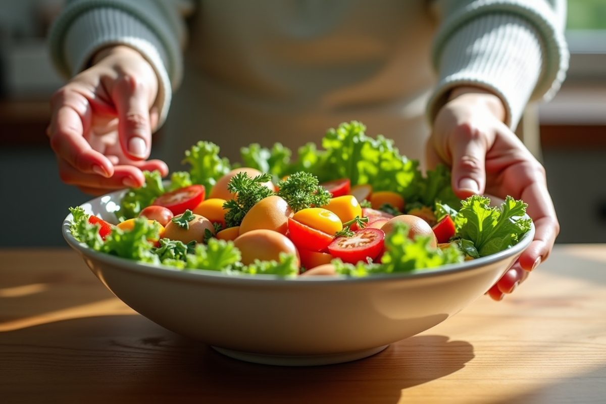 Salade colorée sur une table en bois avec légumes frais