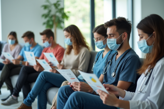 Groupe diversifié en salle d'attente médicale avec masques