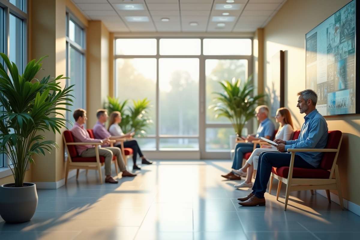 Salle d'attente moderne et lumineuse avec patients et kiosks