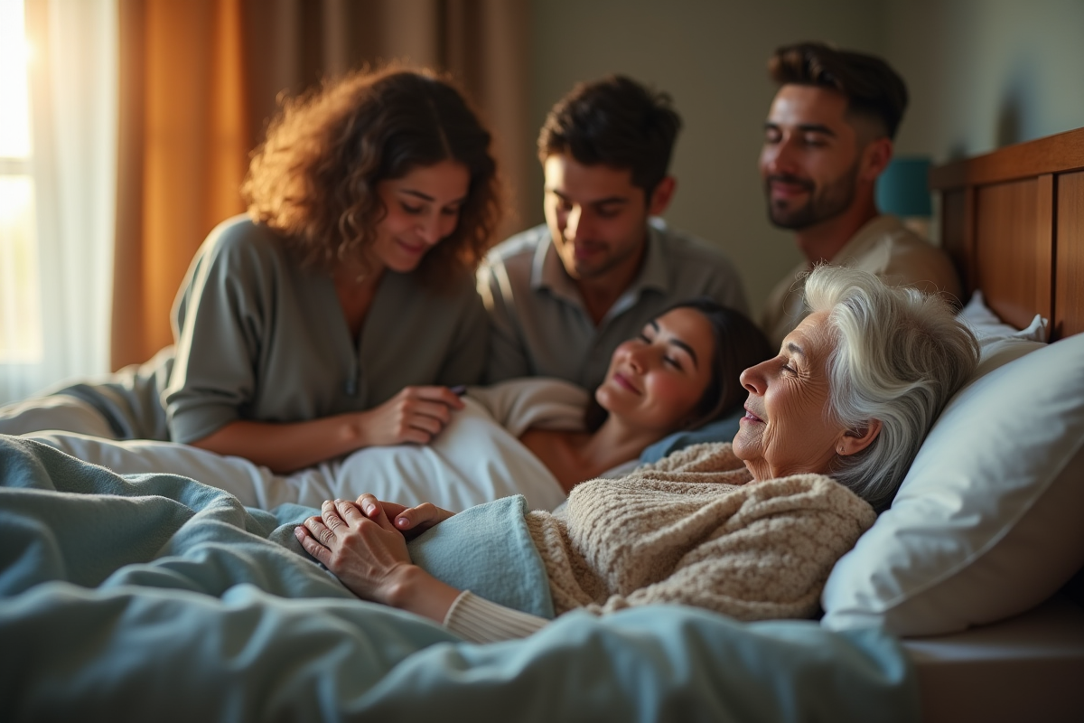 Famille rassemblée autour d une personne age dans une chambre chaleureuse