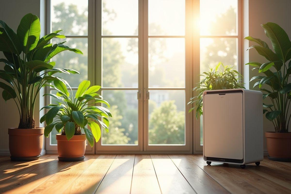 Salon moderne avec plantes et purificateur d'air lumineux