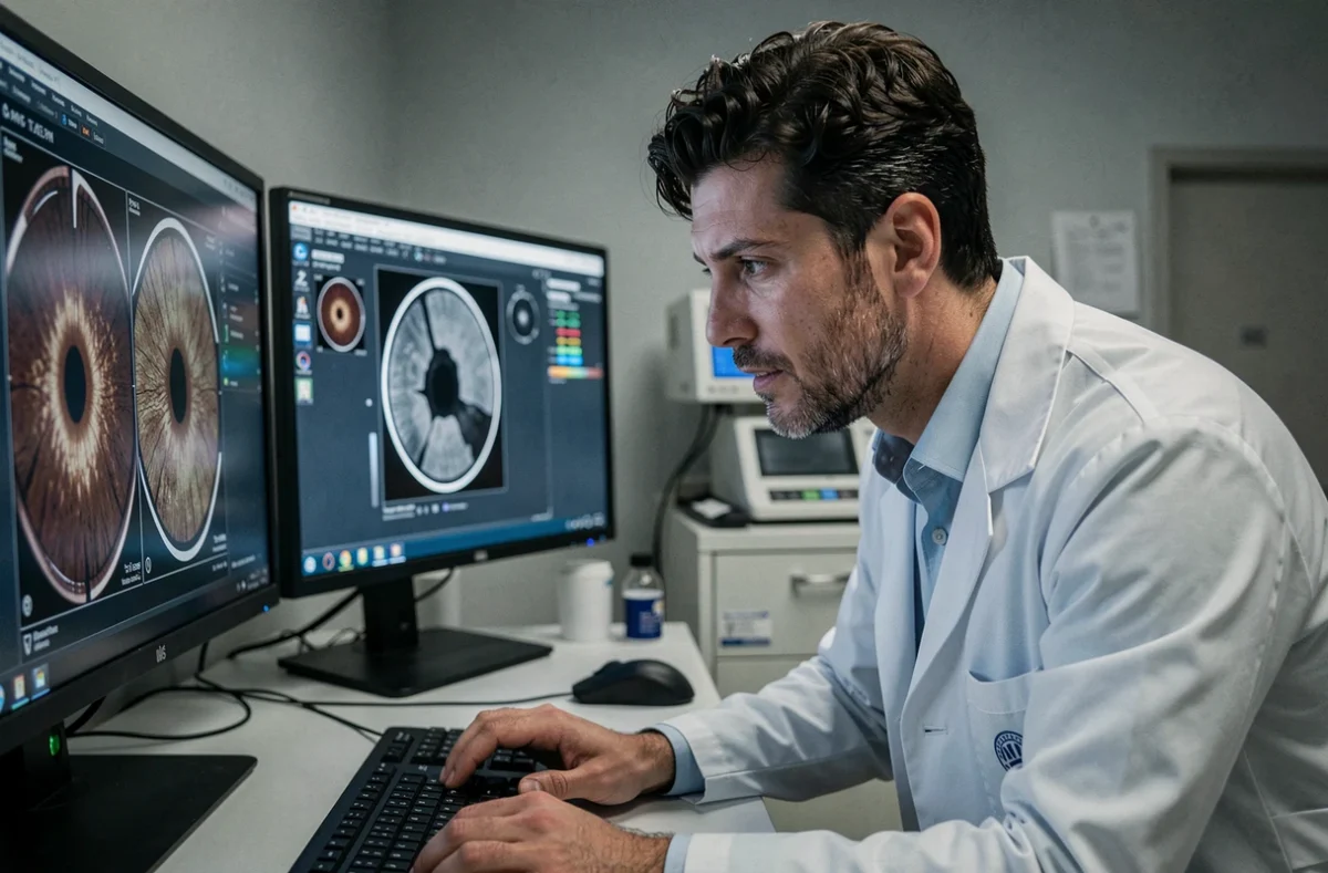 Ophtalmologue masculin jeune analysant des images diagnostiques oculaires sur ordinateur dans un cabinet médical