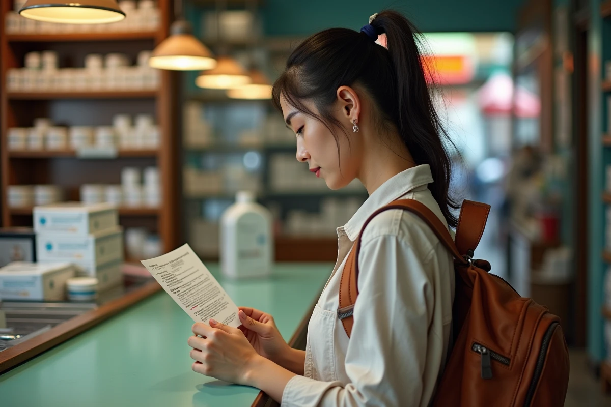 Voyageuse consultant son carnet de vaccination dans une pharmacie asiatique lors d'un tour du monde