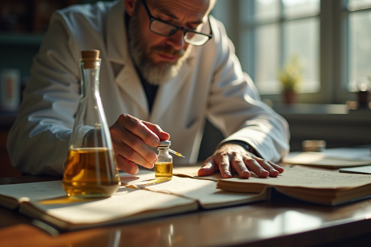 Scientifique du XIXe siècle préparant un vaccin dans un laboratoire ensoleille