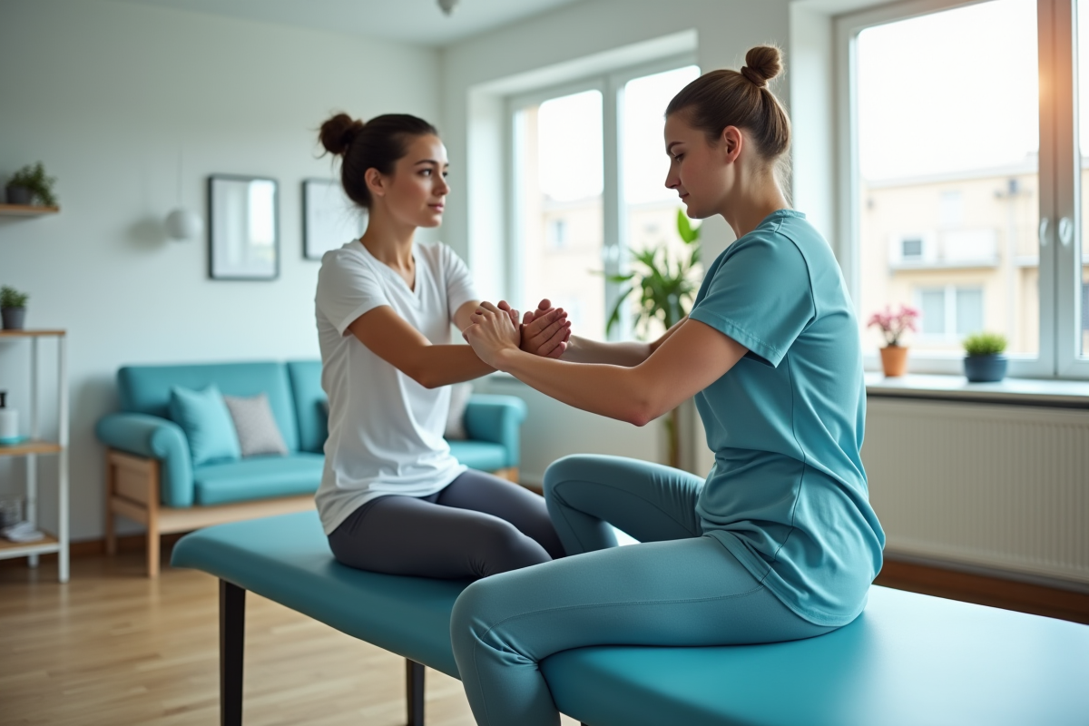 Physiotherapeute aidant un patient lors d’un étirement en clinique lumineuse