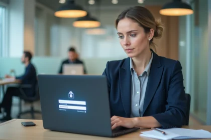Femme professionnelle sécurisant son compte mutuelle PRO BTP en ligne depuis son bureau