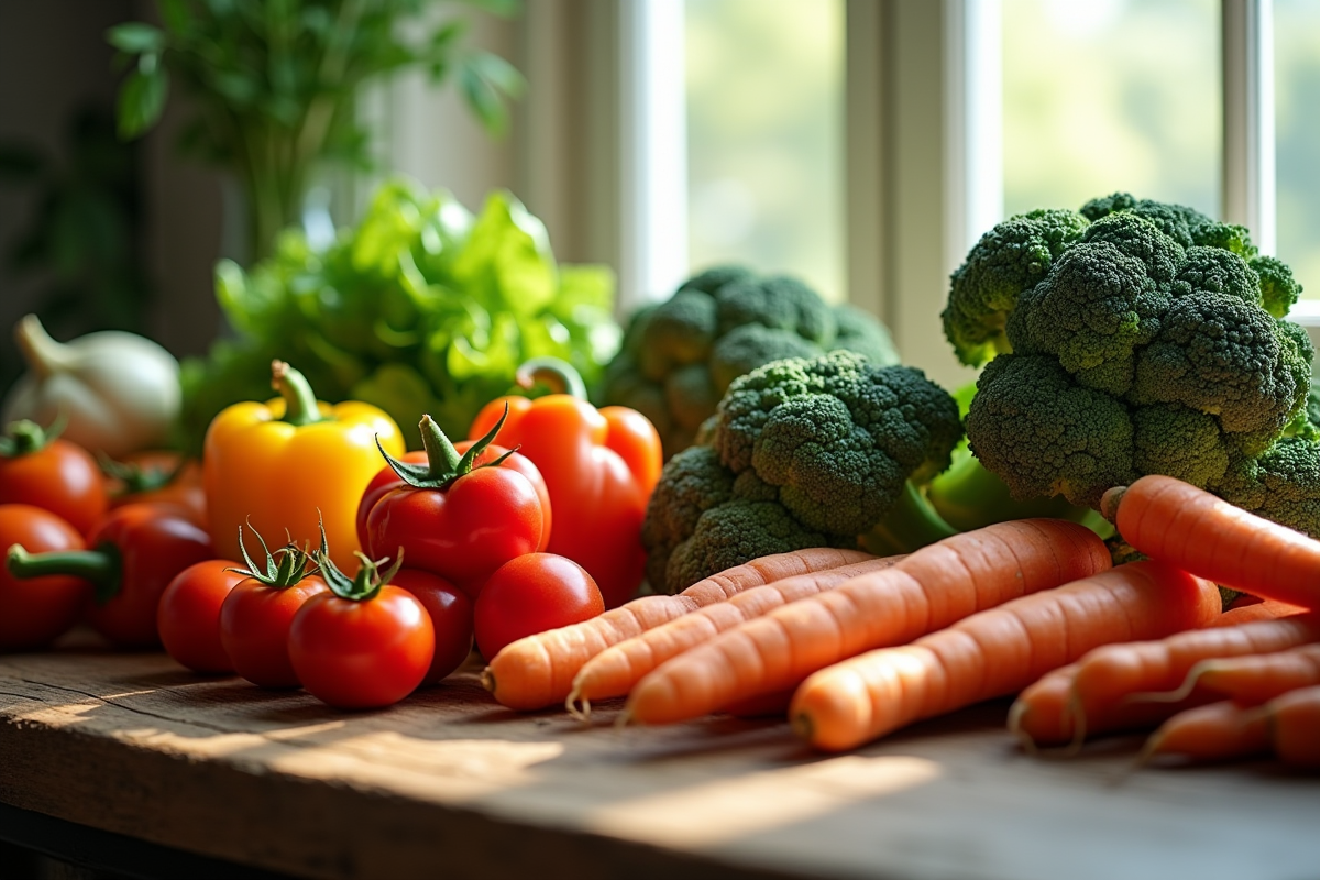 Assortiment de légumes colorés sur une table en bois