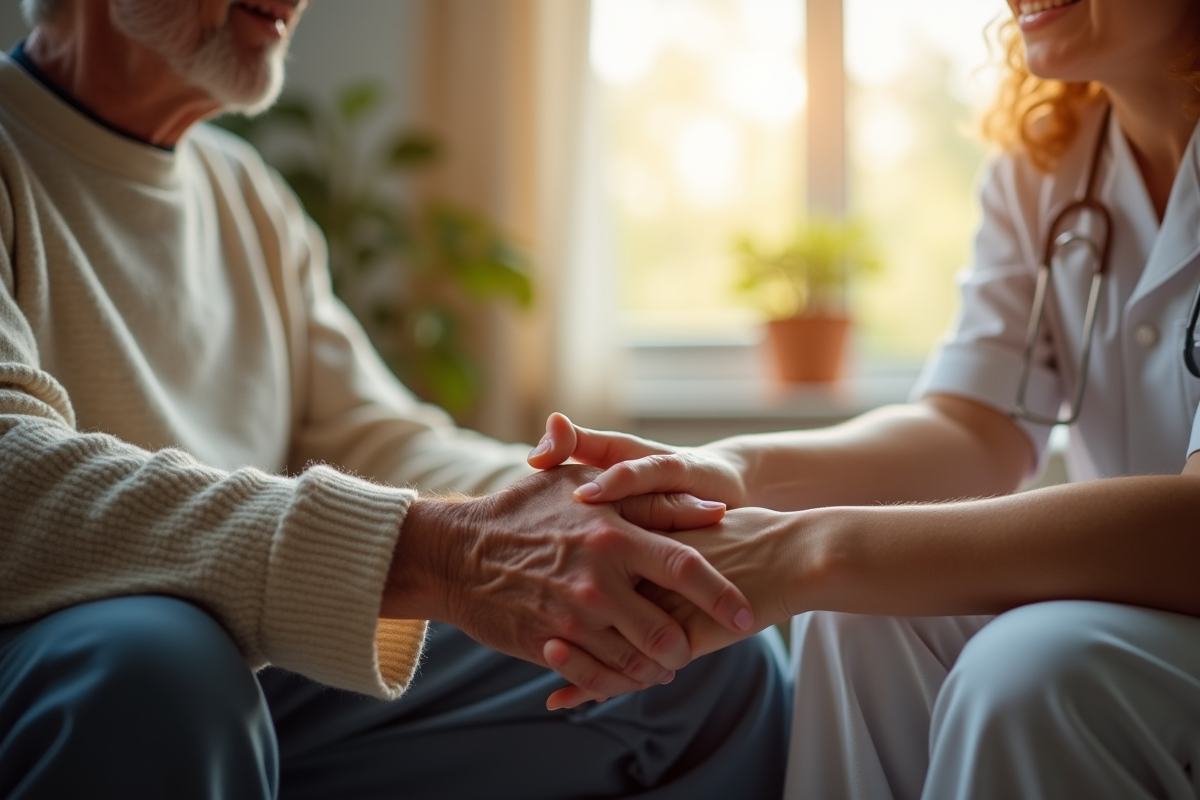 Un homme age assis dans un salon lumineux tenant la main d'une infirmiere