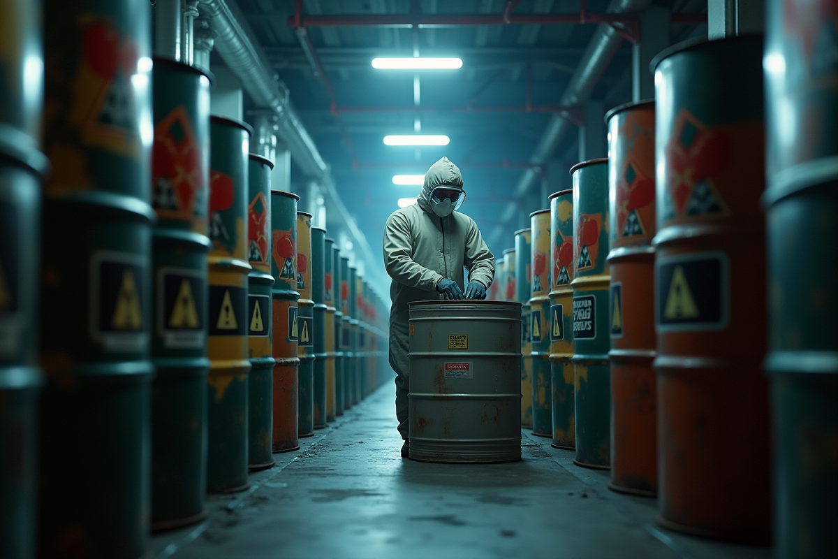 Employe en protection manipulant un conteneur dans une zone de stockage de dechets dangereux